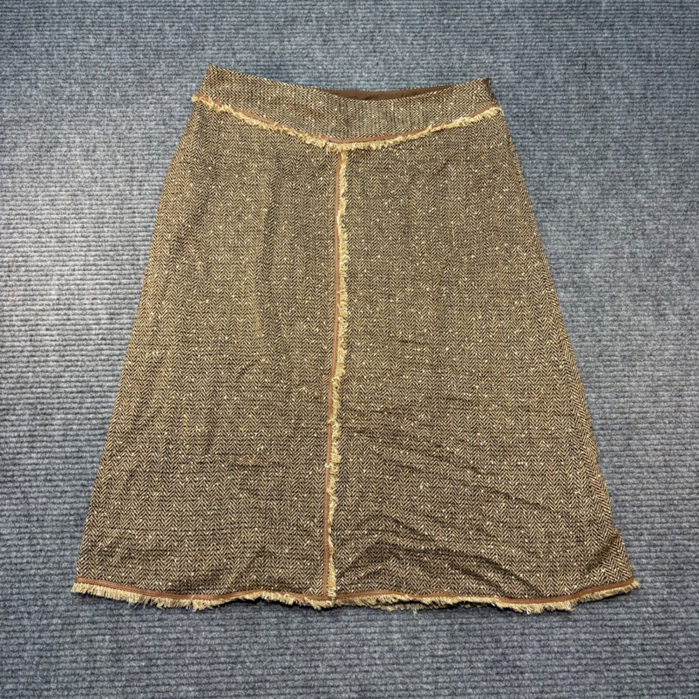 Doncaster Silk Blend Herringbone Midi Skirt Brown Leather Trim Fringe Womens 10